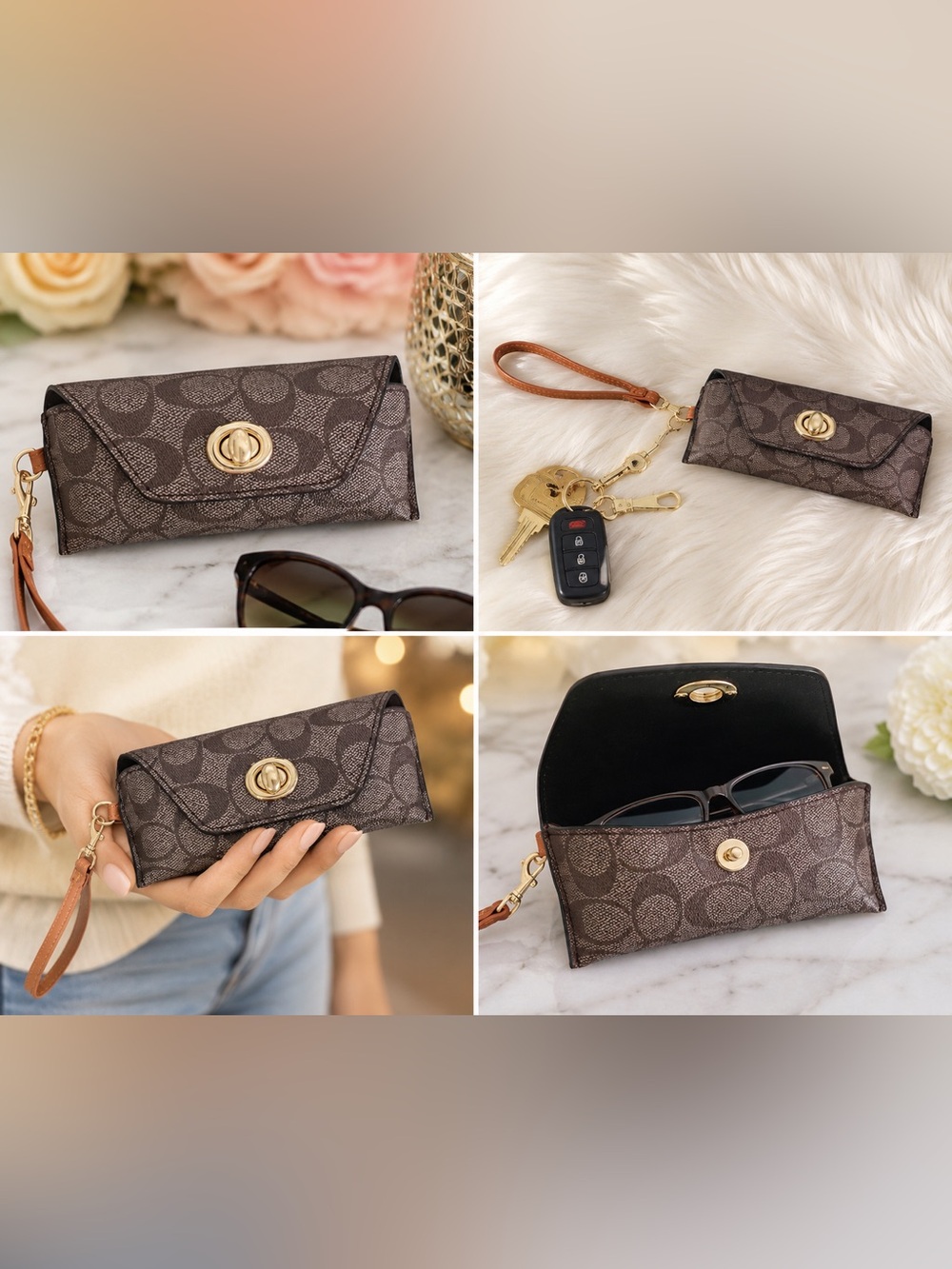 Brown Signature-Pattern Sunglasses Case with Wristlet